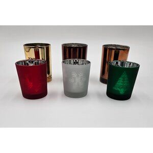 Holiday-Themed Votive Candle Holders Set Of 6 Gold Red Green White Copper Design